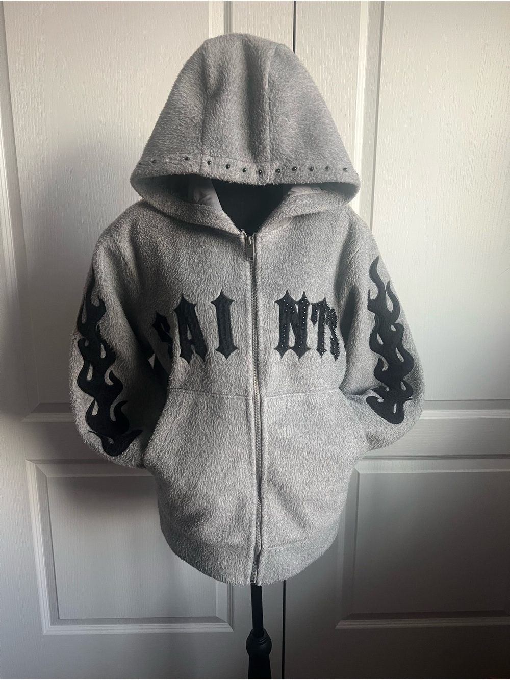 Gray Hooded Bomber Jacket with Black Flame Accents